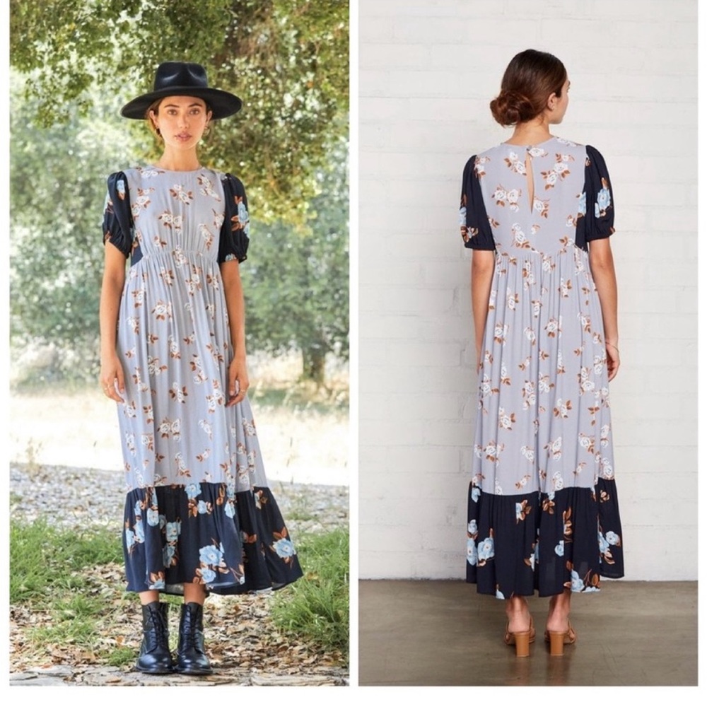 Rachel Pally Regina Crepe Puff Sleeve Floral Colorblock Midi Dress Black Blue